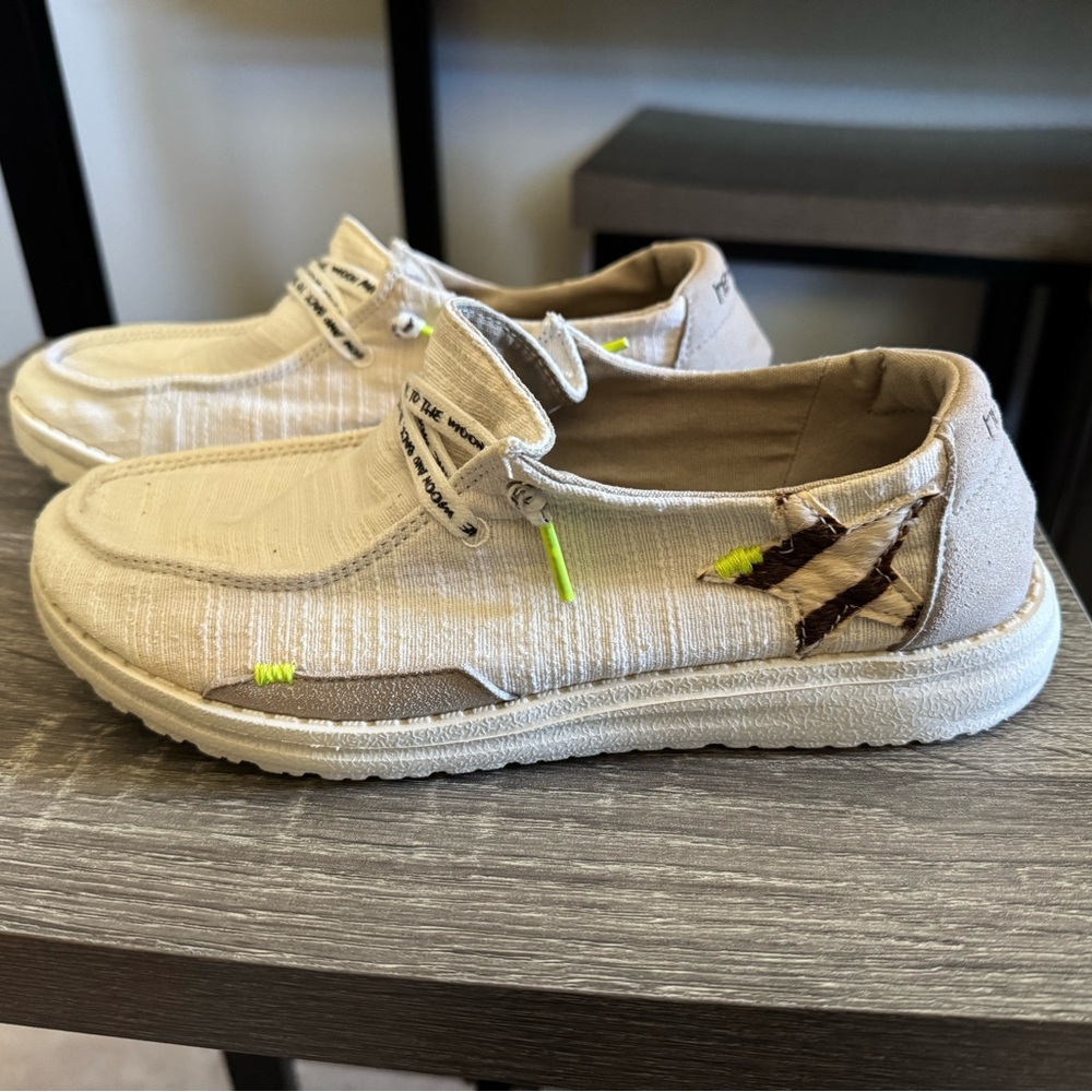 Hey Dude Cream and Brown Flats
